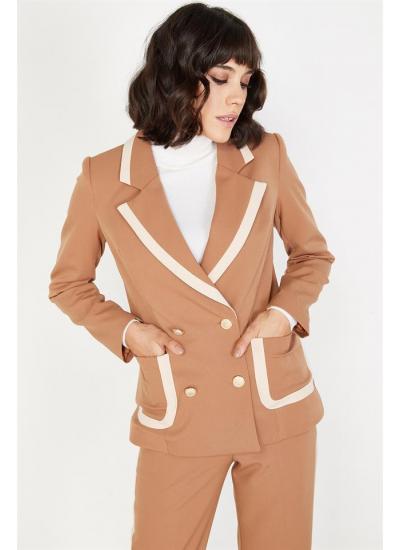 Kadın Kahverengi Kontrast Şerit Detaylı Ceket