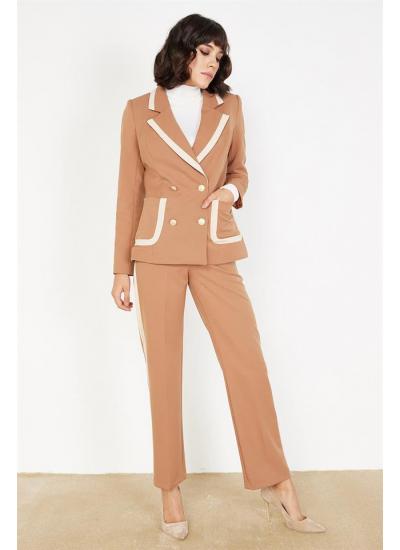 Kadın Kahverengi Kontrast Şerit Detaylı Pantolon