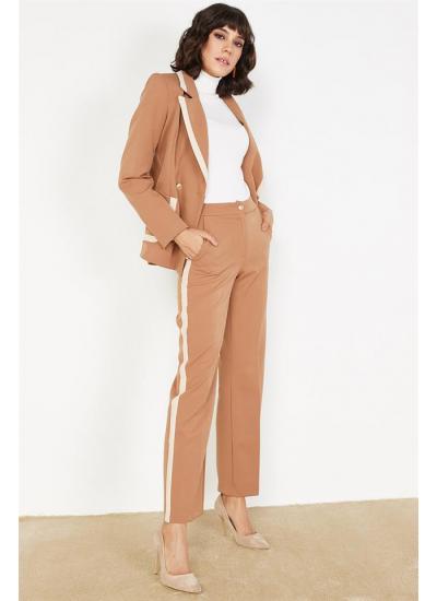 Kadın Kahverengi Kontrast Şerit Detaylı Pantolon