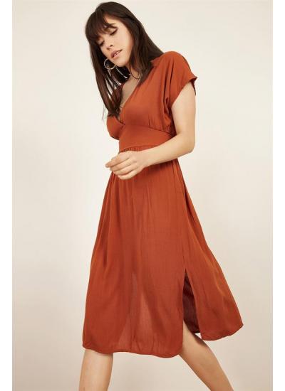 Kadın Kahverengi V Yaka Elbise