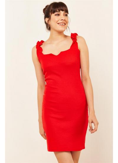 Kadın Kırmızı Askıları Fırfırlı Örme Elbise