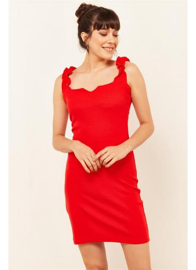 Kadın Kırmızı Askıları Fırfırlı Örme Elbise