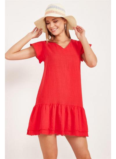 Kadın Kırmızı Büzgülü Mini Keten Elbise