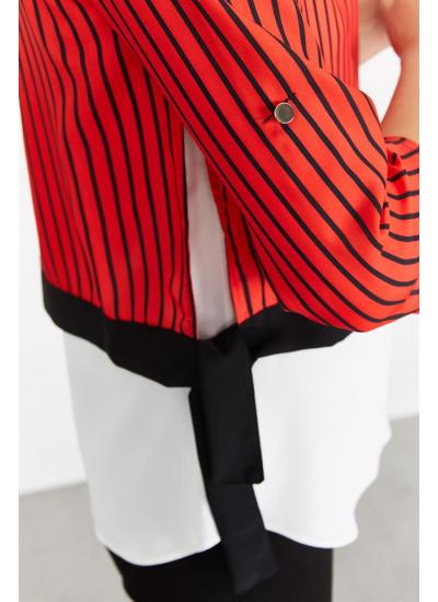 Kadın Kırmızı Çizgili ve Kontrast Parça Detaylı Bluz