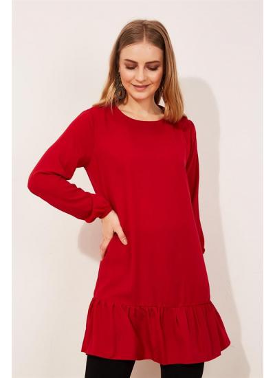 Kadın Kırmızı Etek Ucu Fırfırlı Tunik