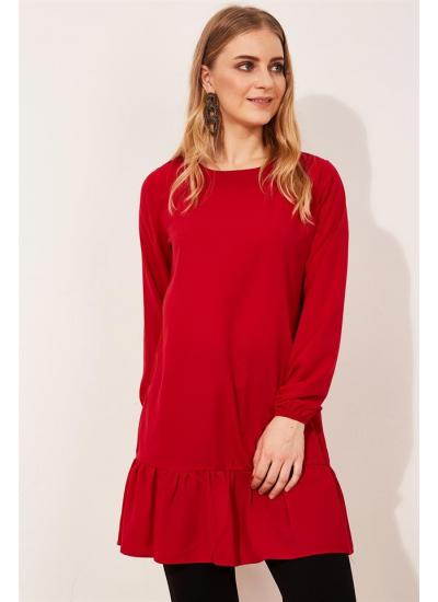 Kadın Kırmızı Etek Ucu Fırfırlı Tunik