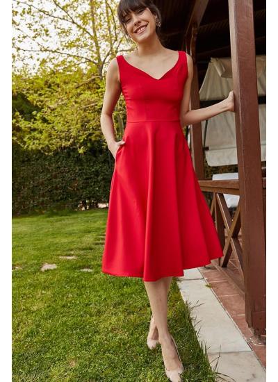Kadın Kırmızı V Yaka Kolsuz Elbise