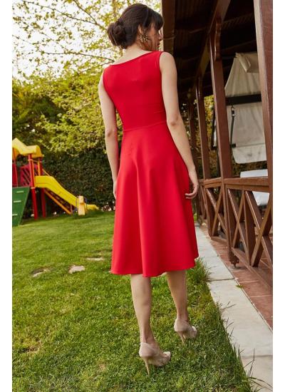 Kadın Kırmızı V Yaka Kolsuz Elbise