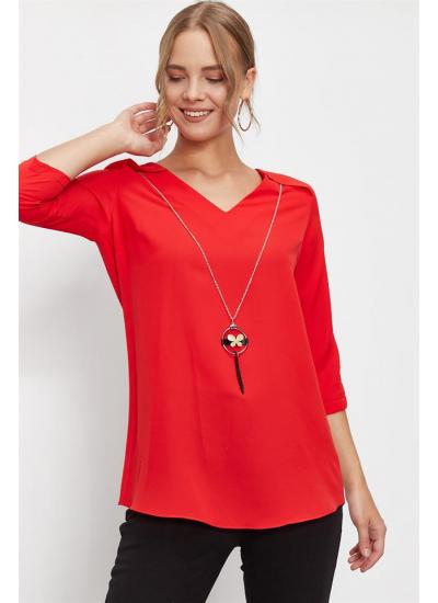 Kadın Kırmızı V Yakalı Kolyeli Bluz