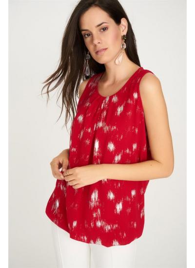 Kadın Kırmızı Yakası Pileli Varak Baskılı Kolsuz Balon Bluz