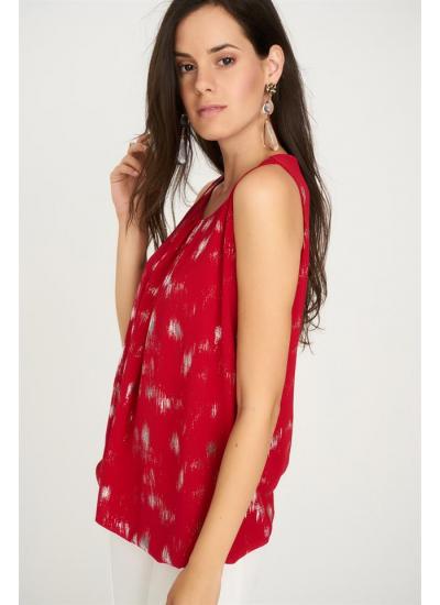 Kadın Kırmızı Yakası Pileli Varak Baskılı Kolsuz Balon Bluz