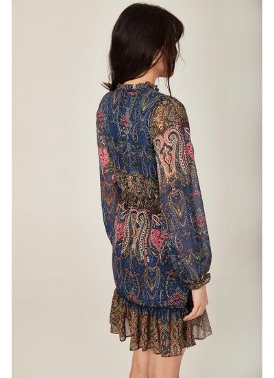 Kadın Lacivert Şal Desenli Şifon Elbise
