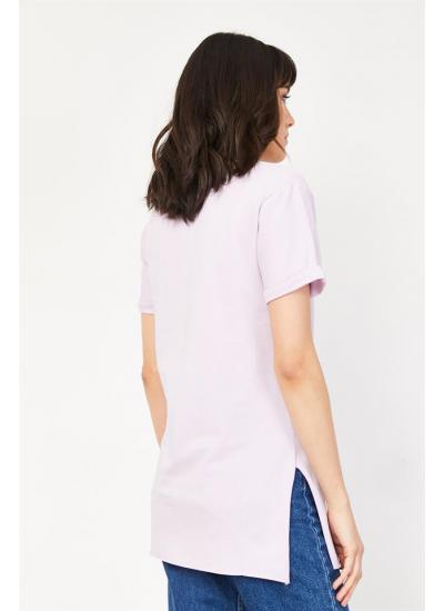 Kadın Lila V Yakalı Yanları Yırtmarçlı Uzun Basic T-Shirt