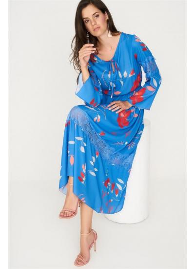 Kadın Mavi Dantel Detaylı Desenli Uzun Elbise