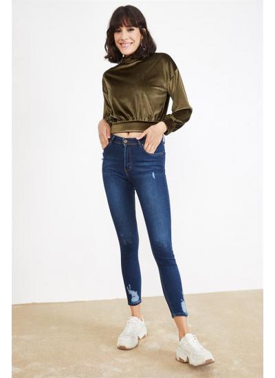 Kadın Mavi Eskitme Efektli Skinny Jeans