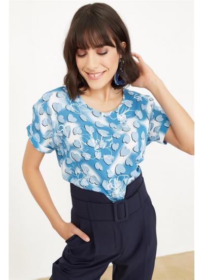 Kadın Mavi Kalp Desenli Bluz