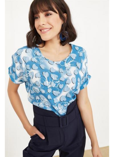Kadın Mavi Kalp Desenli Bluz