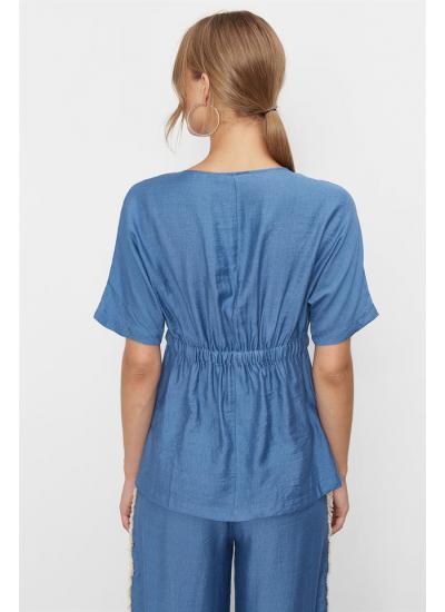 Kadın Mavi Parlak Şeritli Keten Bluz