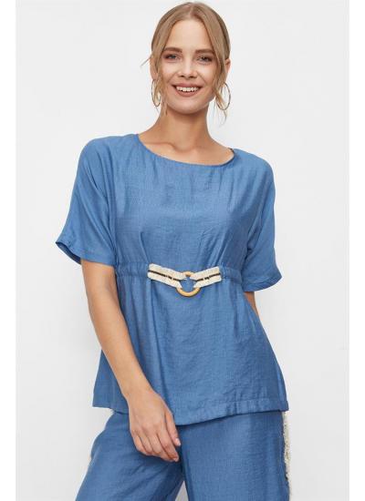 Kadın Mavi Parlak Şeritli Keten Bluz