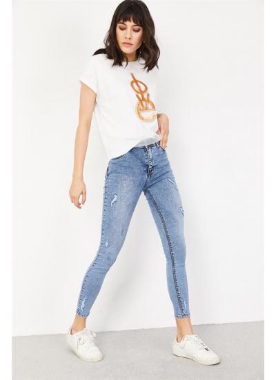 Kadın Mavi Yırtık Detaylı Skinny Jeans