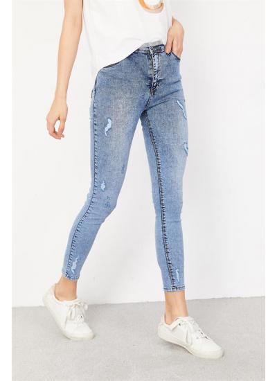 Kadın Mavi Yırtık Detaylı Skinny Jeans
