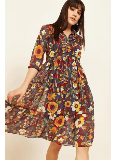 Kadın Mercan Çiçek Desenli Şifon Elbise