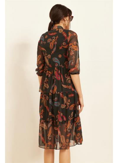 Kadın Mercan Şal Desenli Şifon Elbise