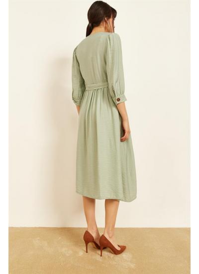 Kadın Mint Yeşili V Yakalı Beli Büzgülü Elbise