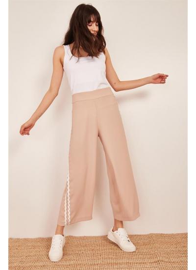 Kadın Pudra Kontrast Şerit Detaylı Bol Pantolon