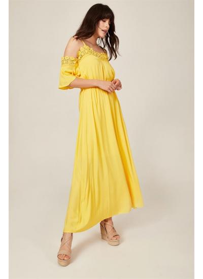 Kadın Sarı Askılı Dantelli Uzun Elbise