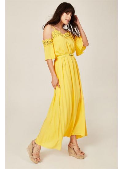 Kadın Sarı Askılı Dantelli Uzun Elbise