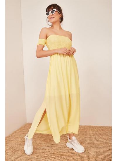 Kadın Sarı Düşük Omuzlu Lastikli Elbise