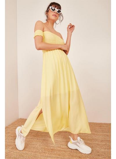 Kadın Sarı Düşük Omuzlu Lastikli Elbise