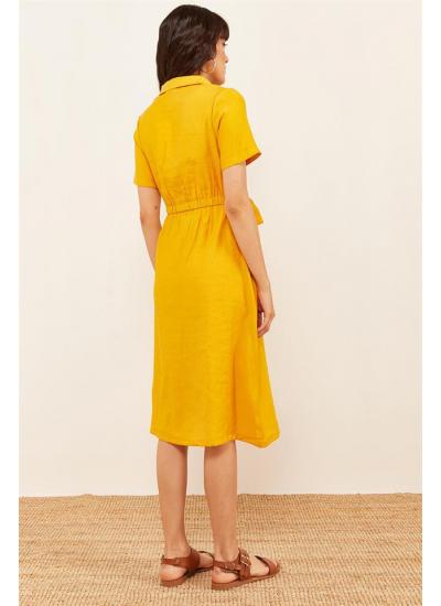 Kadın Sarı Kısa Kol Düğmeli Keten Elbise