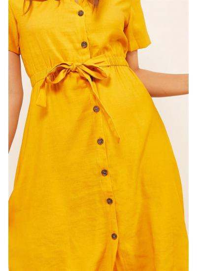 Kadın Sarı Kısa Kol Düğmeli Keten Elbise