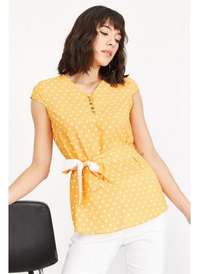 Kadın Sarı Puantiye Detaylı Bluz
