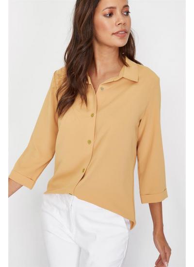 Kadın Sarı Truvakar Kol Klasik Gömlek