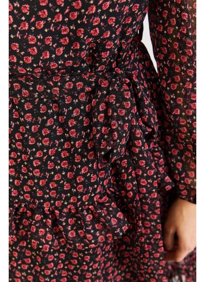 Kadın Siyah Çiçek Desenli Şifon Elbise