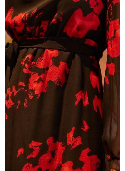 Kadın Siyah Dantelli Desenli Mini Şifon Elbise