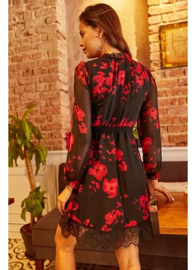 Kadın Siyah Dantelli Desenli Mini Şifon Elbise