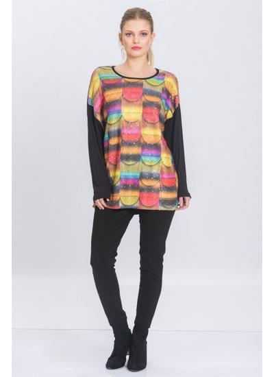 Kadın Siyah Geometrik Baskılı Pullu Triko Bluz