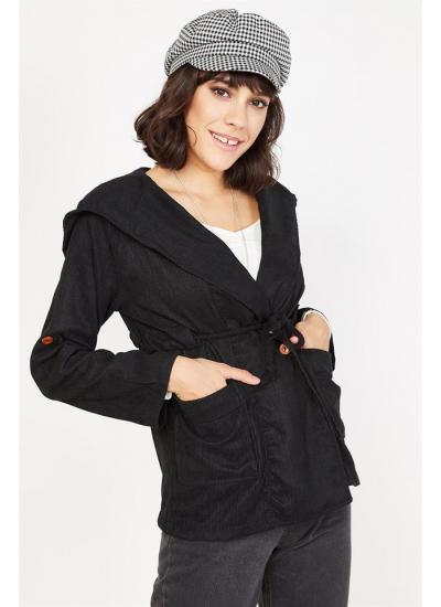 Kadın Siyah Kapüşonlu Fitilli Kadife Ceket