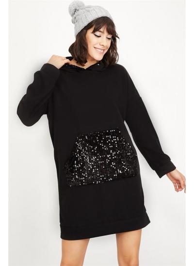 Kadın Siyah Kapüşonlu Payet Detaylı Sweatshirt