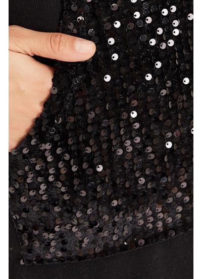 Kadın Siyah Kapüşonlu Payet Detaylı Sweatshirt