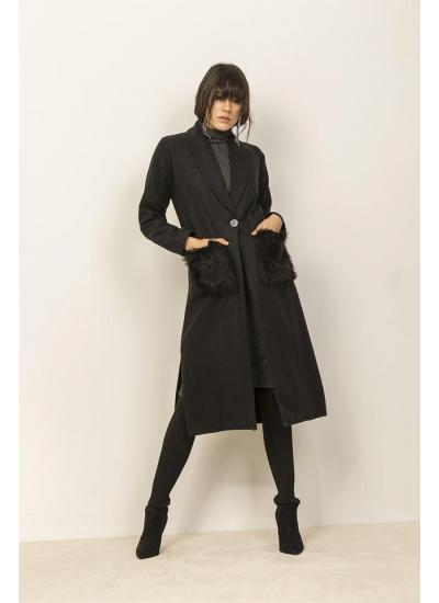 Kadın Siyah Kürk Cepli Şal Yakalı Uzun Ceket