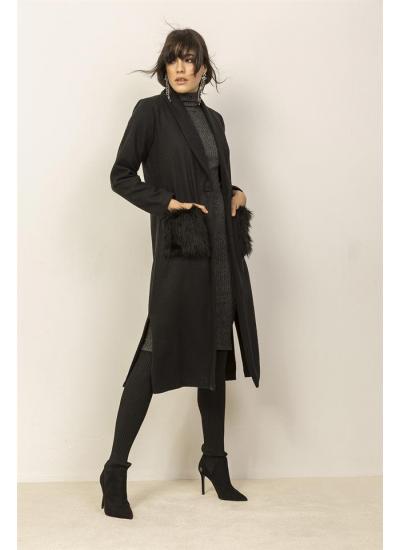 Kadın Siyah Kürk Cepli Şal Yakalı Uzun Ceket
