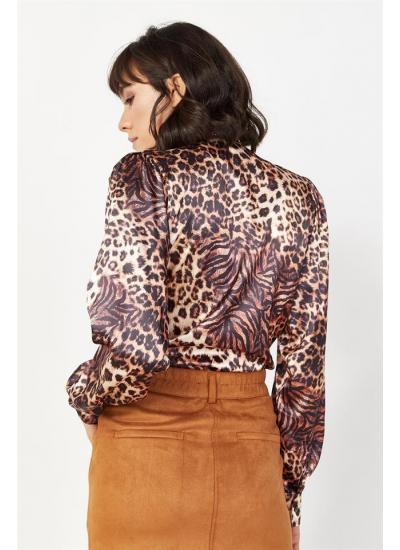 Kadın Siyah Leopar Desenli Çıtçıtlı Bluz