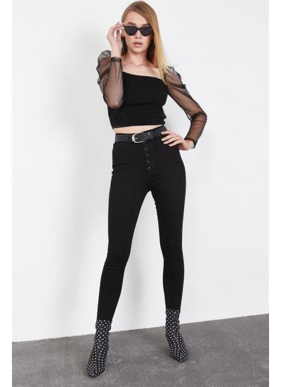 Kadın Siyah Önden Düğmeli Skinny Jeans