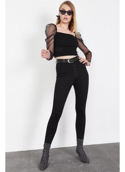 Kadın Siyah Önden Düğmeli Skinny Jeans