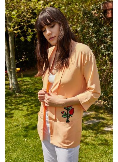 Kadın Somon Çiçek Aplikeli Önü Açık Ceket